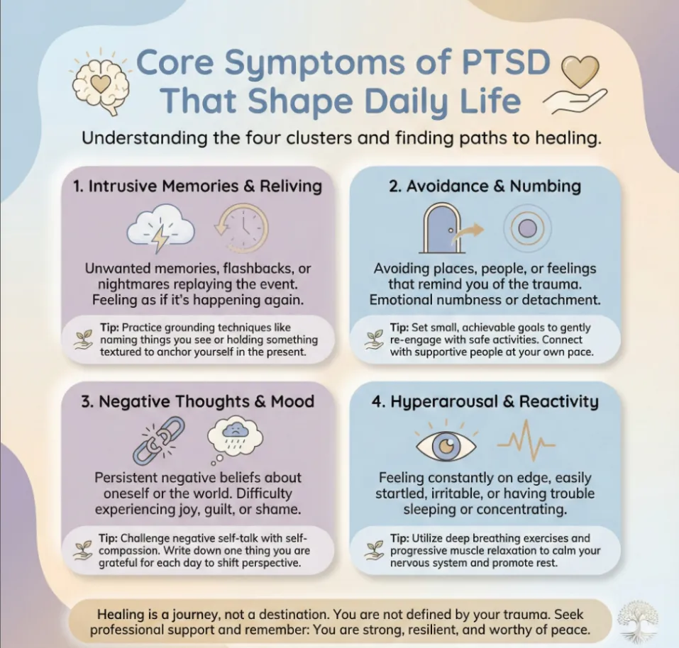 A calming, minimalist infographic illustrating the core symptoms of PTSD and their impact on daily life. Soft pastel colors and gentle line art depict intrusive thoughts, avoidance, negative mood and cognition, and hyperarousal. Rounded shapes and subtle icons convey mental health support and coping, with a trauma-informed, safe, and empowering tone.