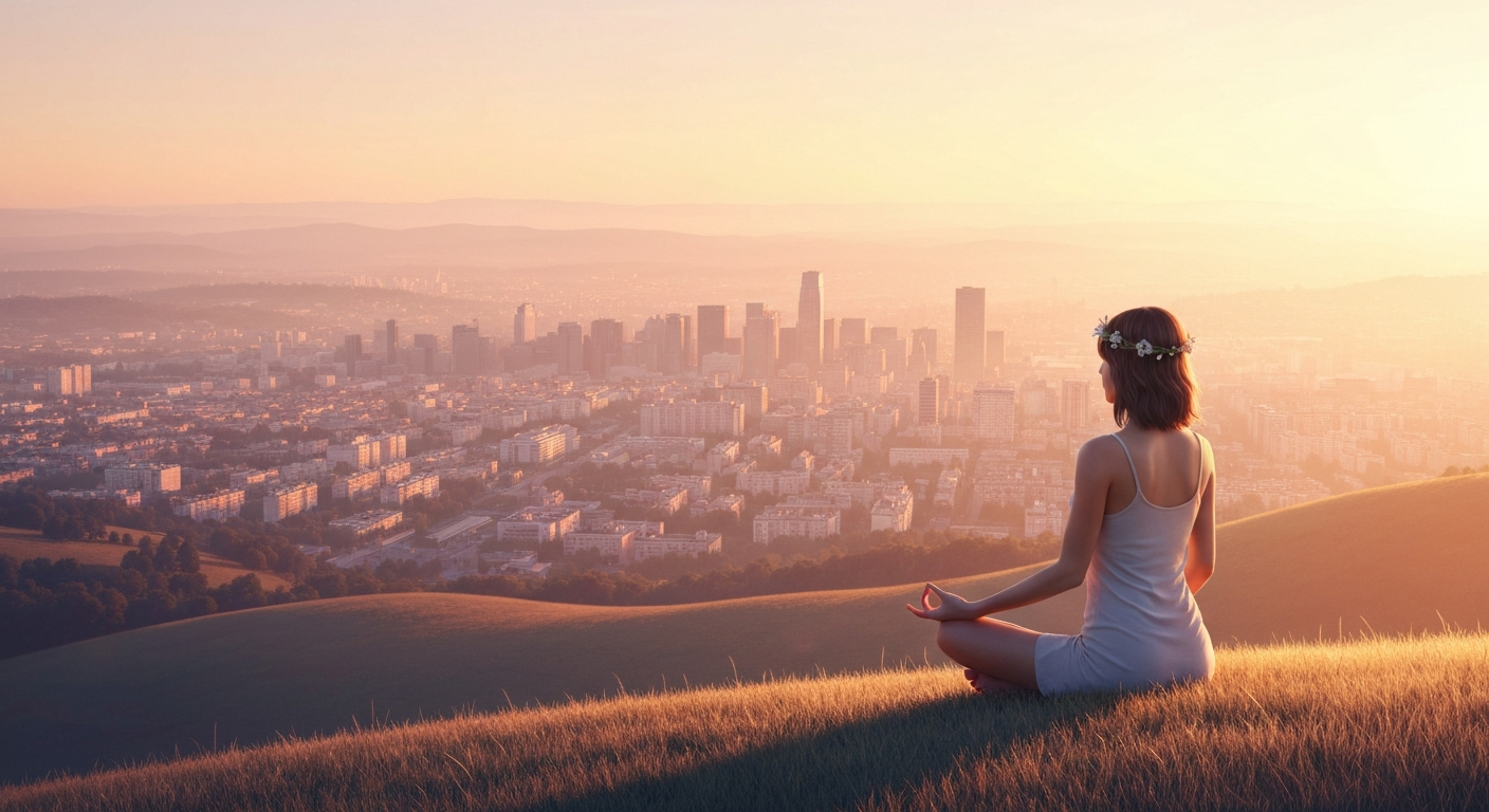 Meditating person above city at sunrise