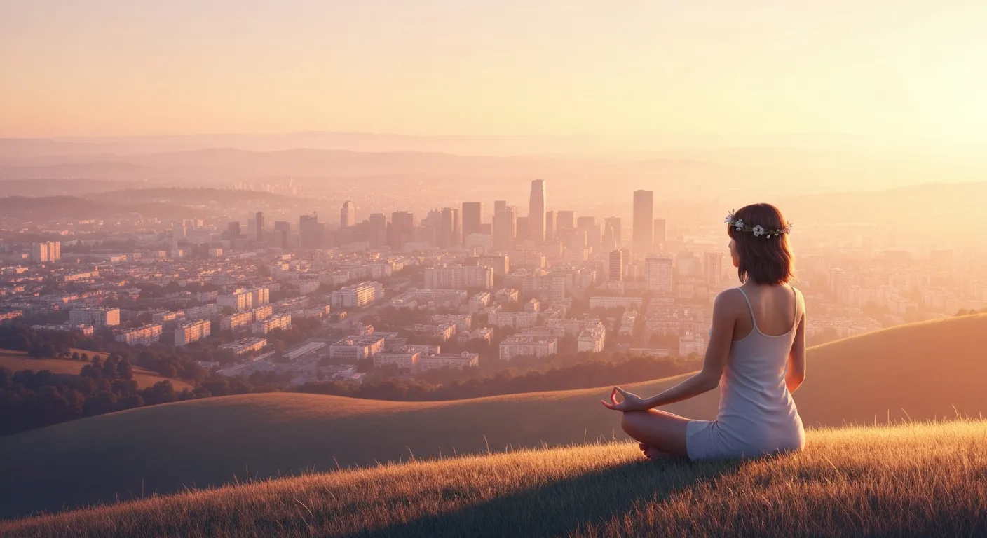 Meditating person above city at sunrise