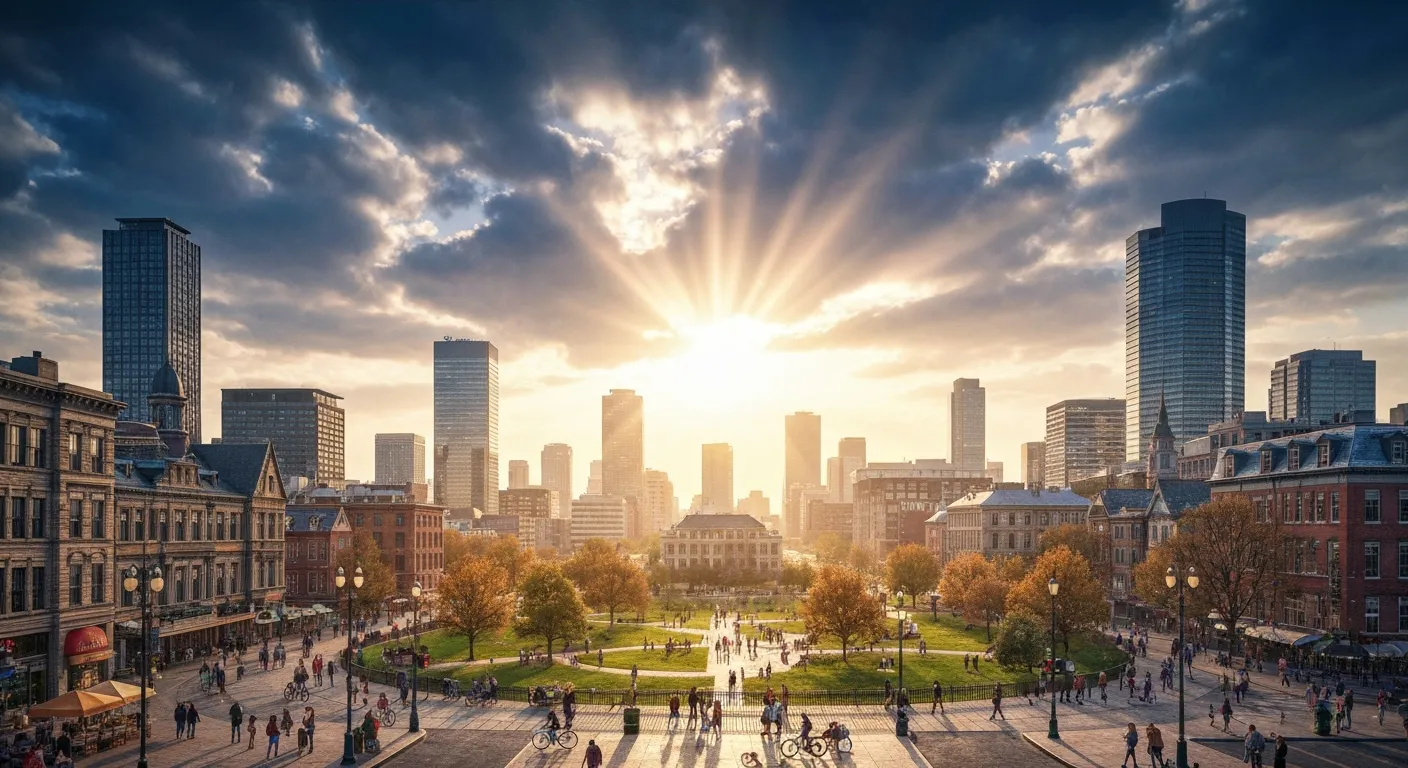 Sunlight over winter cityscape