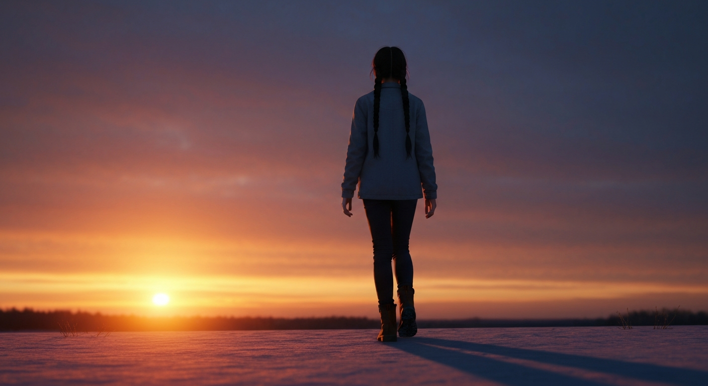 Teen walking alone at sunset