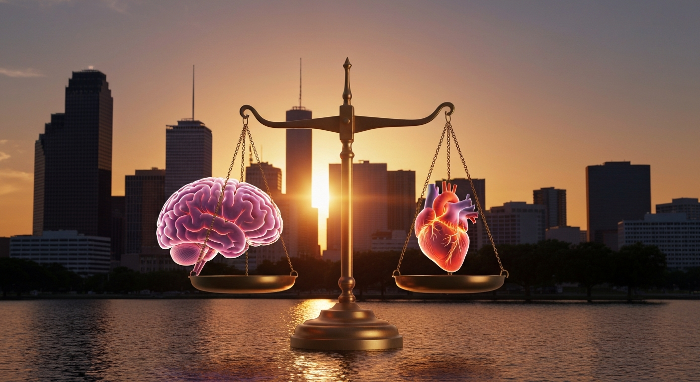 Scales of justice with brain and heart