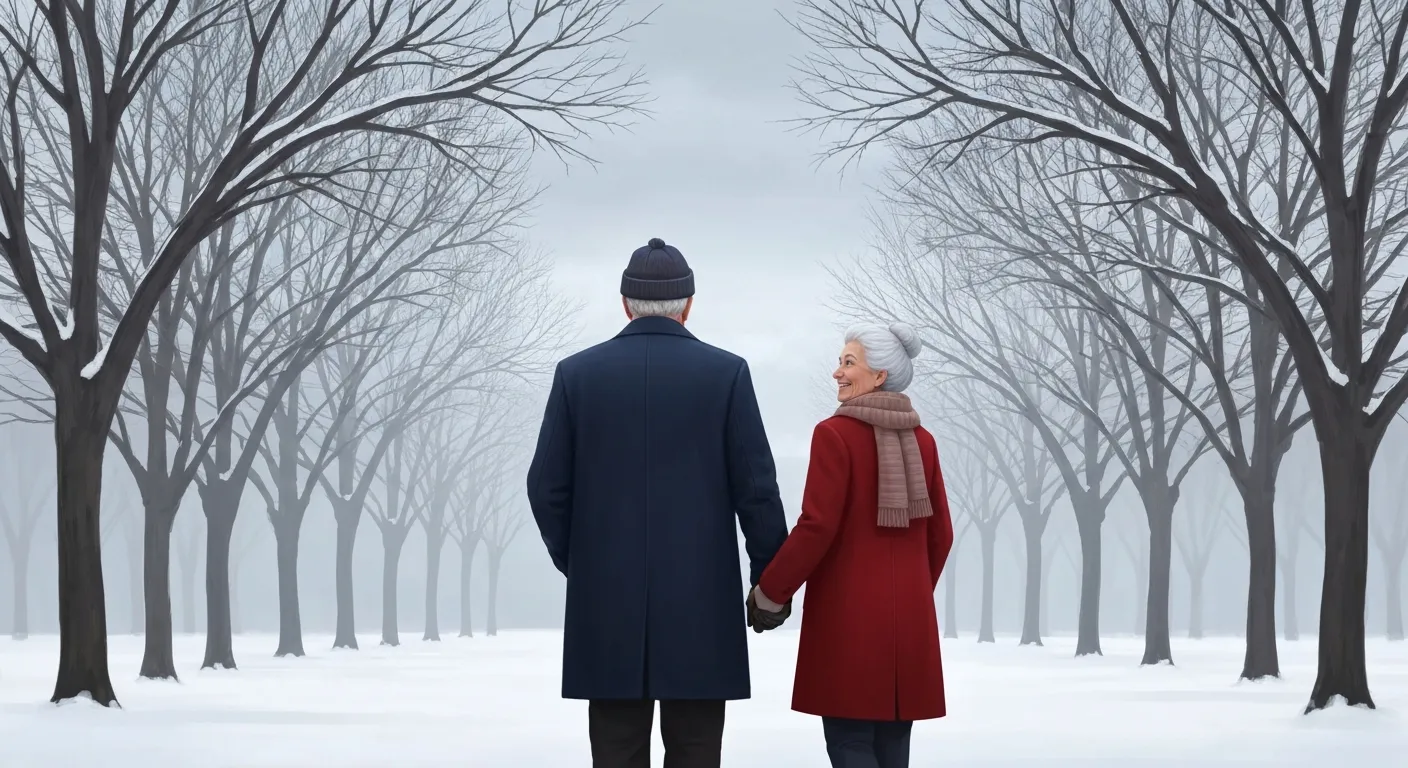 Elderly couple walking in winter park