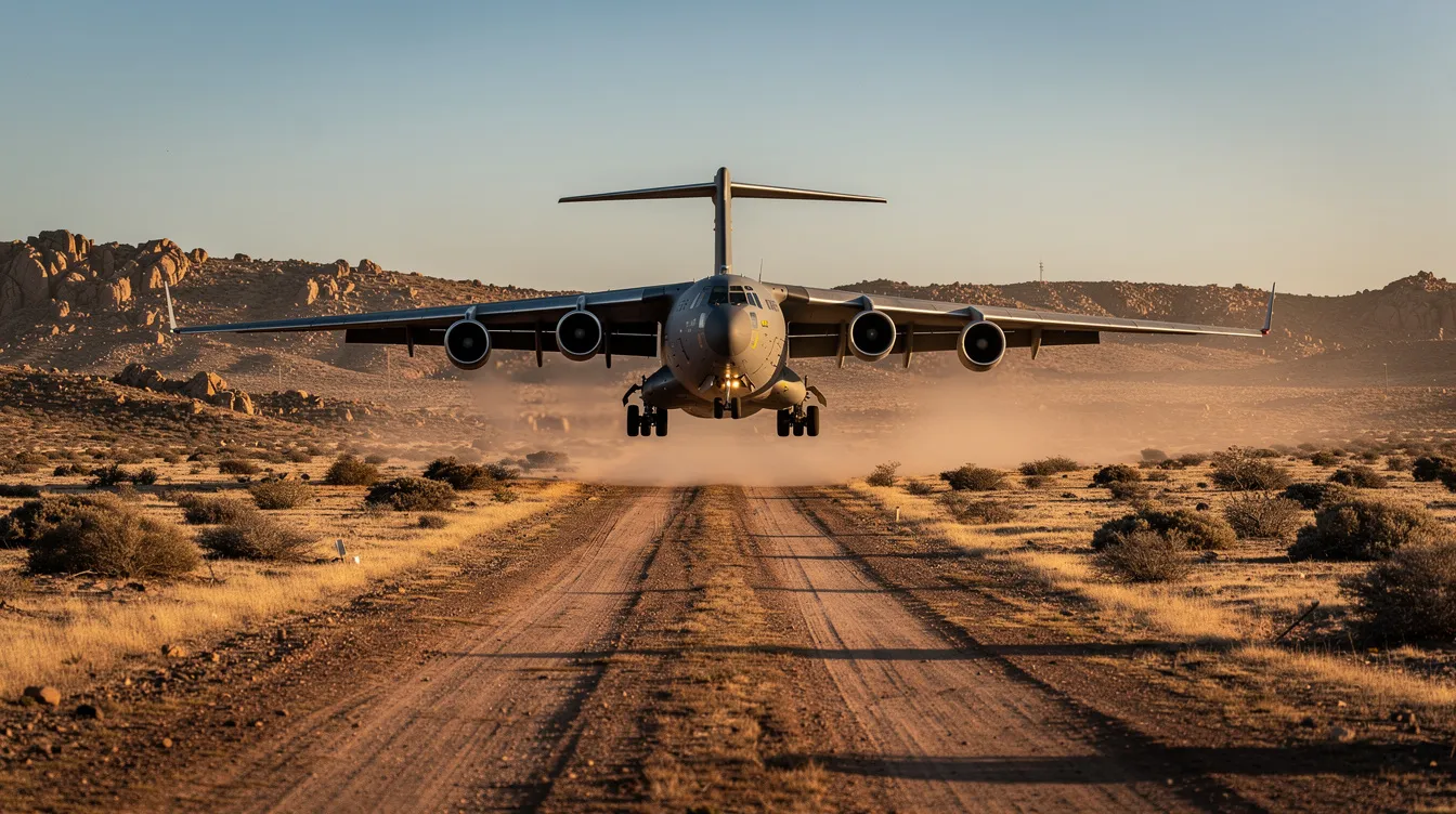 A military transport jet is landing on a remote runway surrounded by dry terrain, showcasing the aircraft's robust design and capability to operate in less accessible locations. This scene highlights the versatility of military aircraft in various environments, emphasizing their role in logistics and support missions.