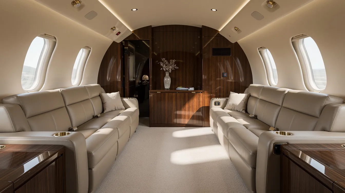 The image depicts a spacious executive jet cabin featuring lounge seating bathed in soft natural light, designed for comfort and luxury during business travel. This private aircraft offers an inviting atmosphere for up to eight passengers, highlighting the elegance of modern business jets.