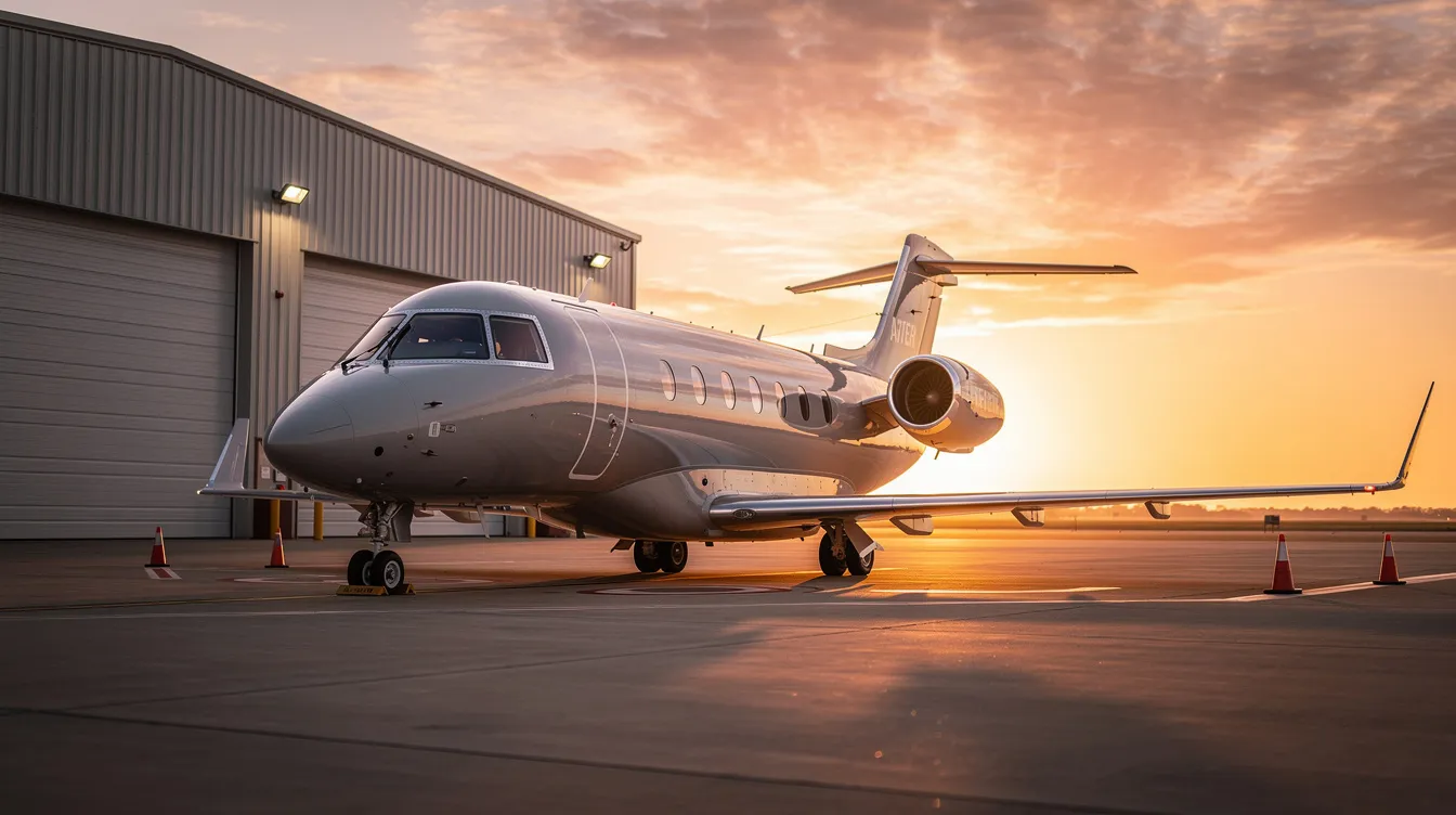 A luxurious private jet is parked on a quiet ramp near a hangar, bathed in the warm hues of sunset. The sleek design of the aircraft, typical of business jets, stands out against the serene backdrop, highlighting its role in facilitating comfortable and efficient travel for up to eight passengers.
