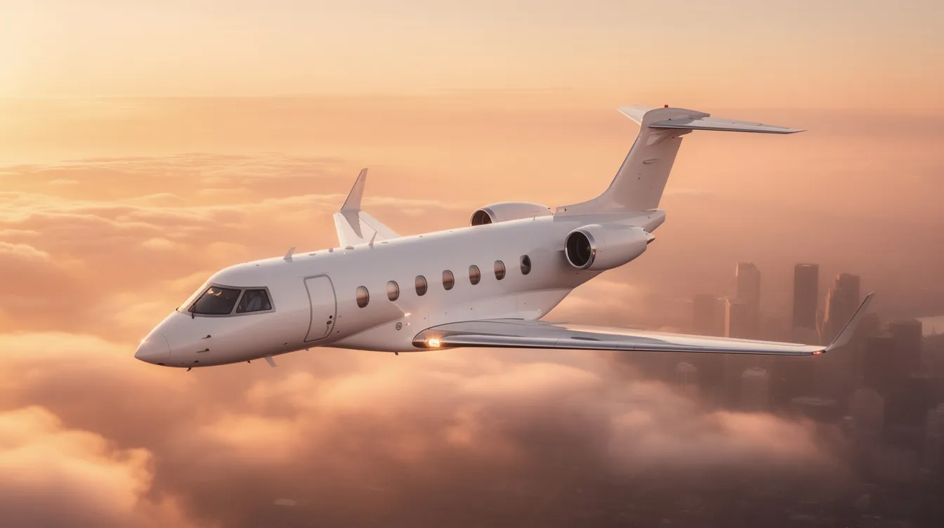The image depicts a luxurious private jet in flight, showcasing the sleek design of the aircraft as it soars through the sky. Inside, passengers enjoy a premium travel experience with spacious seating and in-flight catering, highlighting the convenience and comfort of private aviation for specific trips.