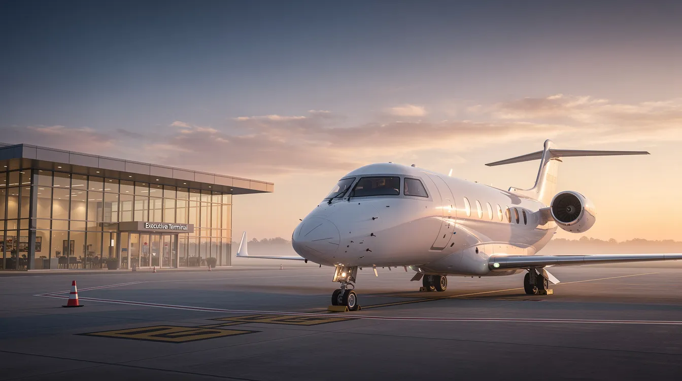 A private jet is parked near a quiet executive terminal, bathed in the warm hues of sunrise, creating a serene travel experience for passengers preparing for their journey. This scene highlights the convenience and luxury of private aviation, showcasing the aircraft's sleek design against the backdrop of a peaceful morning sky.