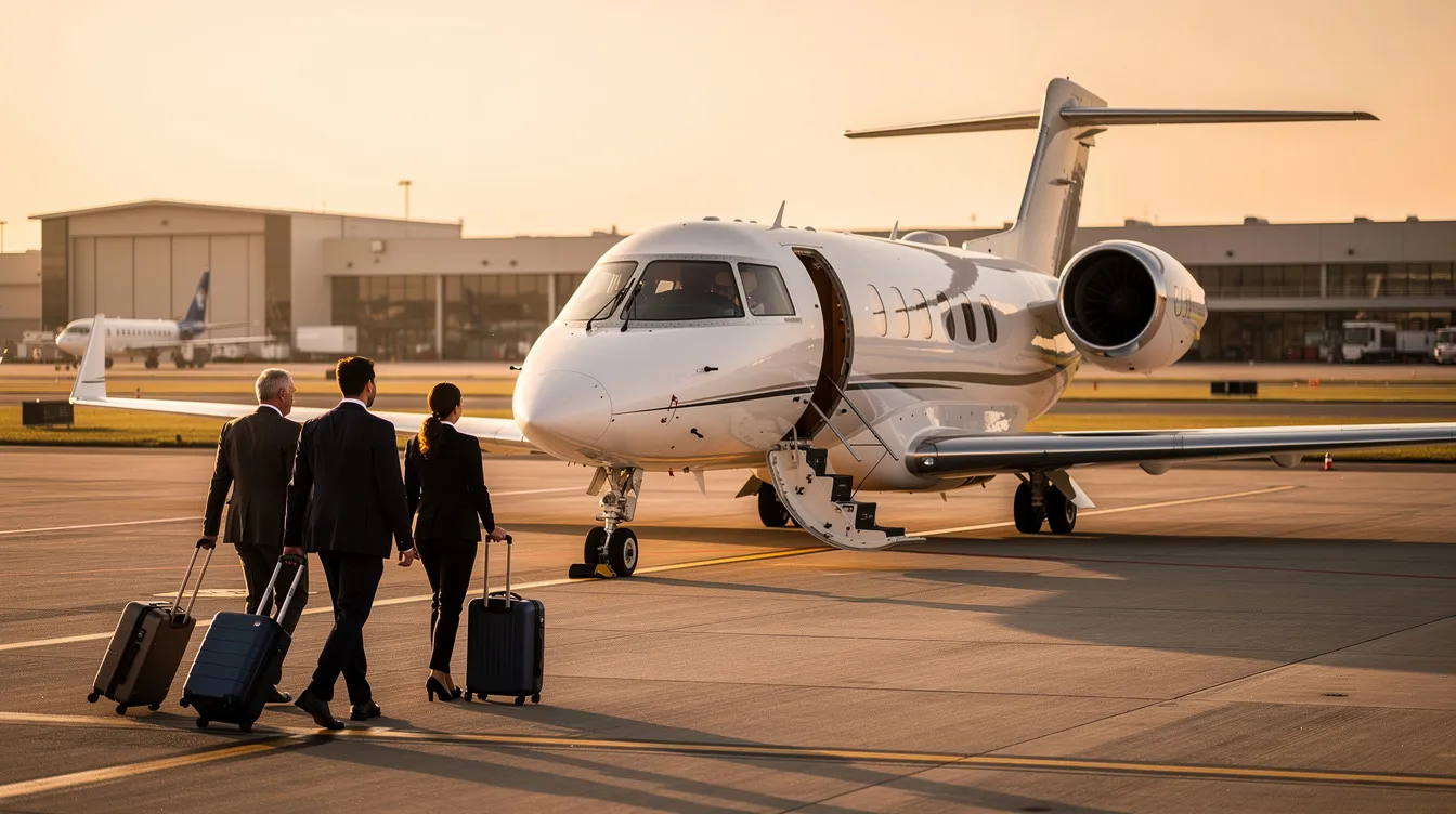 A group of business travelers is boarding a sleek private aircraft at a regional airport, showcasing the convenience and luxury of private aviation. This scene highlights the benefits of private jet ownership, offering greater flexibility and personalized travel options compared to commercial airlines.