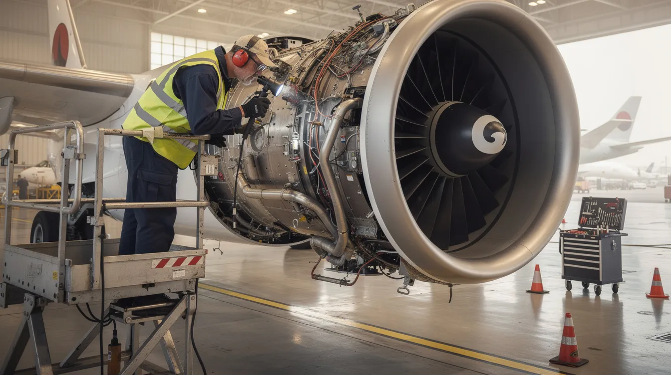 An aircraft maintenance technician is carefully inspecting a jet engine inside a spacious hangar, ensuring the operational efficiency of private jets. This meticulous check is crucial for maintaining the safety and performance of private aircraft, highlighting the importance of regular maintenance in private aviation.