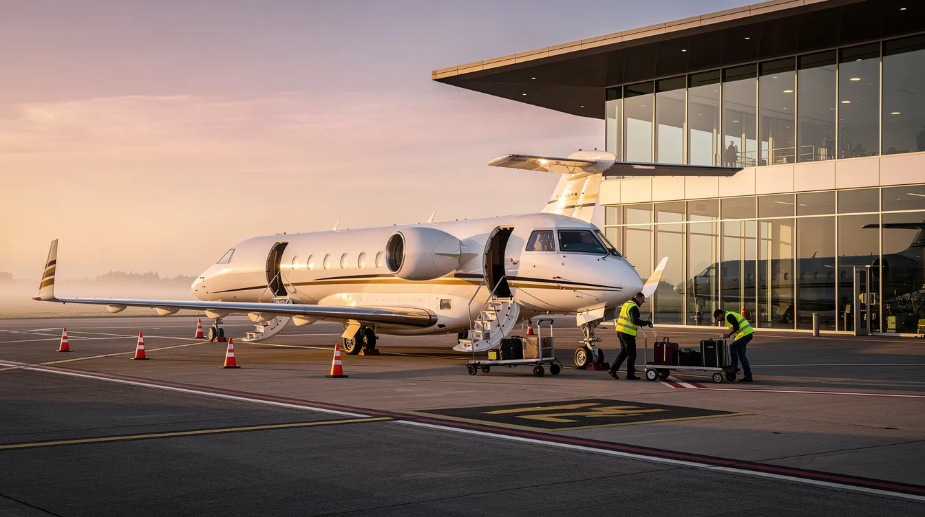 A private jet is parked near a modern Fixed Base Operator (FBO) at sunrise, with a dedicated ground crew preparing the aircraft for an upcoming flight. This scene highlights the efficiency and attention to detail in private aviation, ensuring clients have seamless access to global travel.