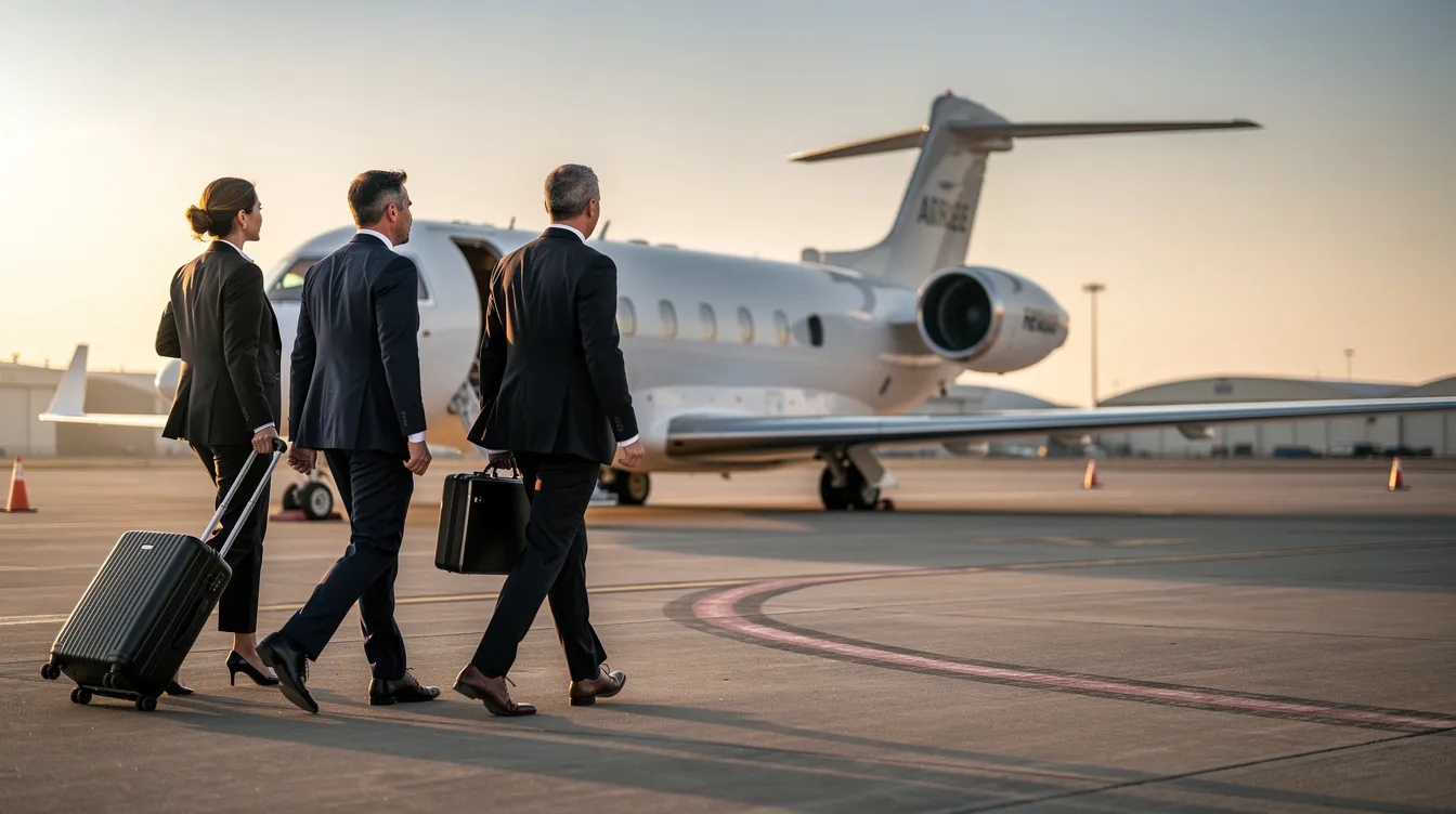 A group of executive passengers is walking towards a private jet on a quiet airport ramp, showcasing the elegance and convenience of private aviation. The scene highlights the exclusive access and seamless ground transportation that come with fractional ownership and jet charter services.