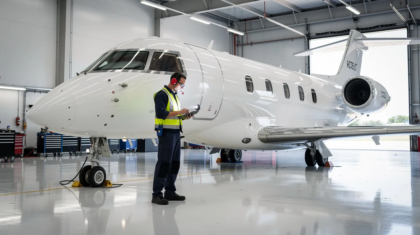 An aircraft maintenance technician is carefully inspecting a business jet inside a pristine hangar, ensuring that every detail is attended to for optimal performance. This scene highlights the dedication of aviation experts in maintaining private jets, which are essential for global access and seamless journeys for clients.