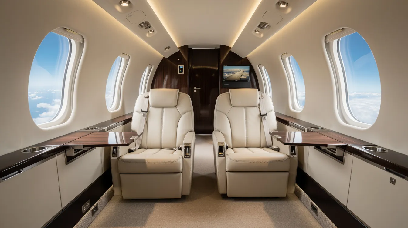 The image depicts a spacious business jet cabin featuring club seating and large windows, allowing ample natural light to fill the area. This luxurious setting is designed for comfort and productivity, ideal for private flights and accommodating passengers in a relaxed atmosphere.
