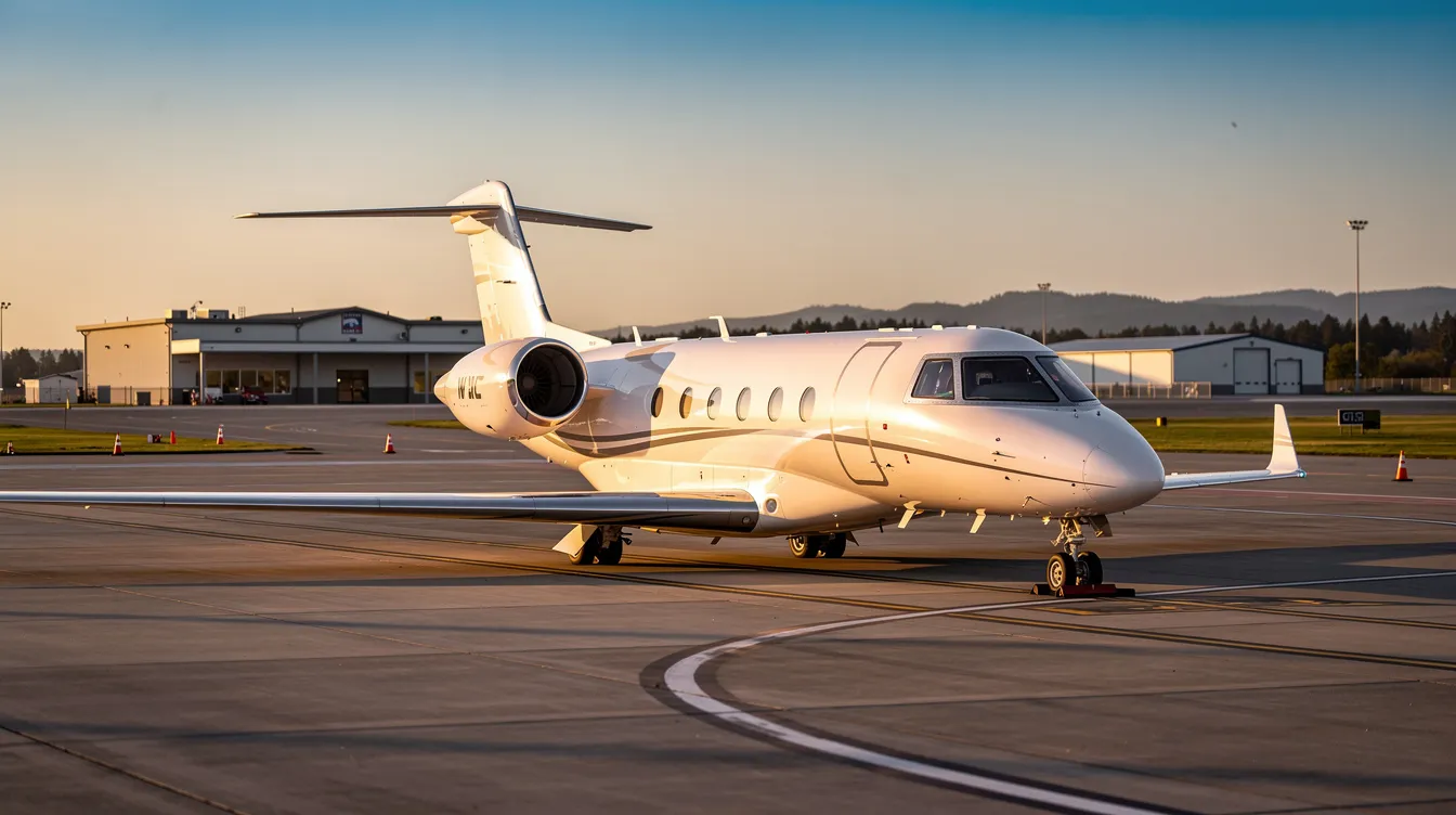 A sleek personal jet is parked on a quiet regional airport ramp, showcasing its modern design and spacious cabin, ideal for private flights. This light business jet represents the efficiency and comfort sought by owners in the aviation industry.