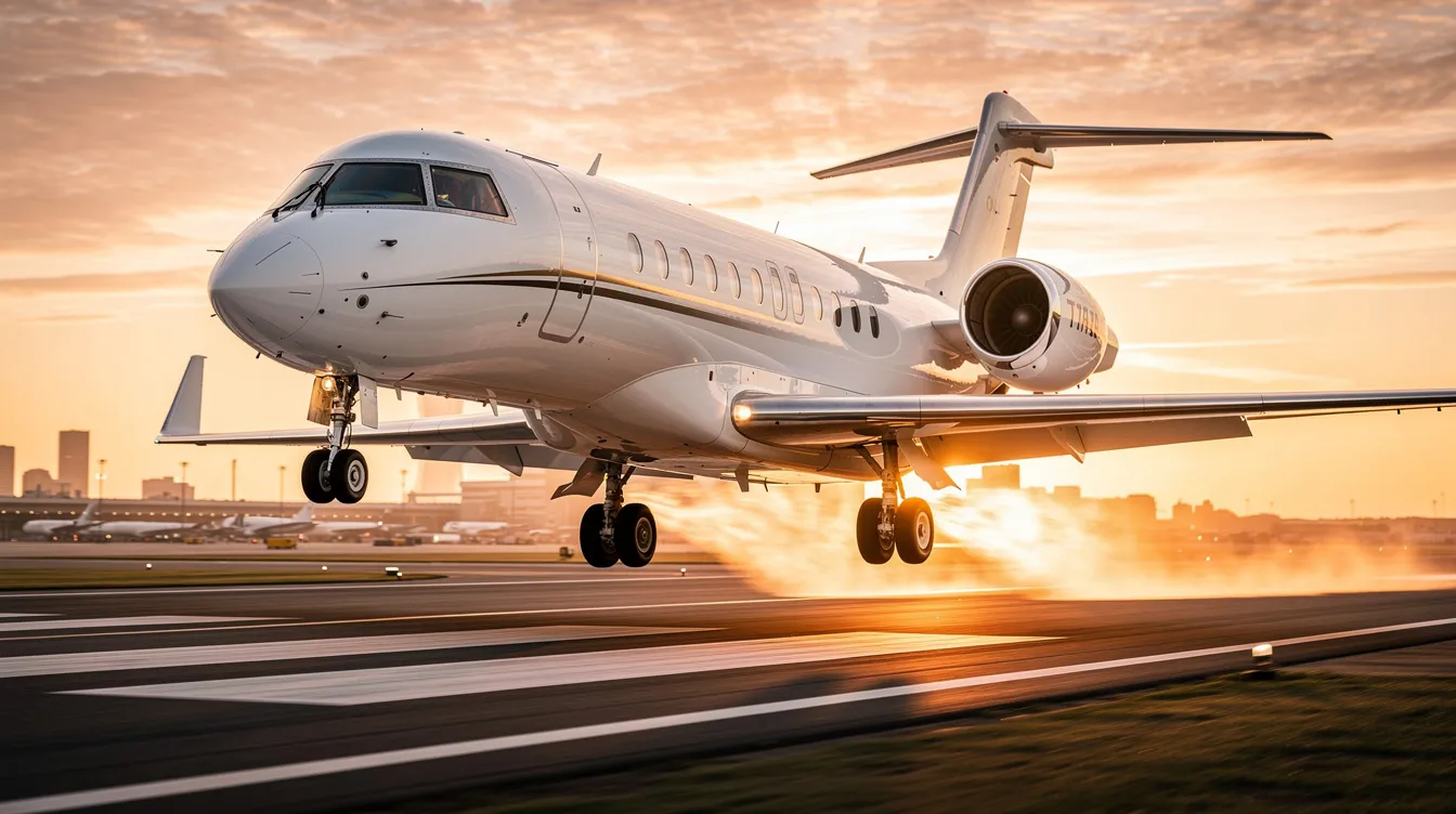 A modern business jet, designed for efficiency and comfort, takes off at sunrise, silhouetted against the vibrant colors of the sky. This light jet represents the pinnacle of aviation technology, offering private flights for individuals seeking freedom and productivity.