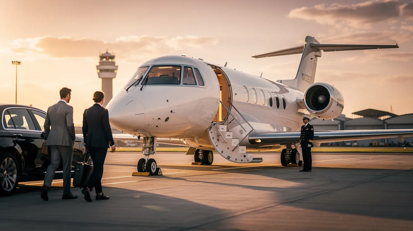 The image showcases a sleek private jet parked on a tarmac, highlighting the luxury of private aviation. This private jet, likely a midsize or light jet, represents the convenience of private jet travel, which can include various costs such as landing fees and charter prices.