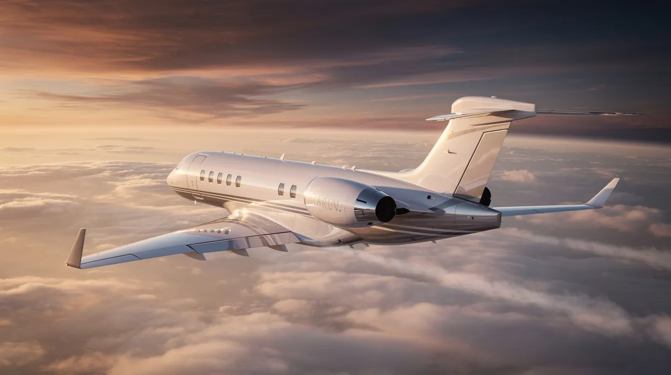 The image depicts a sleek private jet parked on a tarmac, showcasing its elegant design and spacious wingspan. This private aviation vehicle represents luxury travel options, often associated with private jet charters and tailored flight experiences.