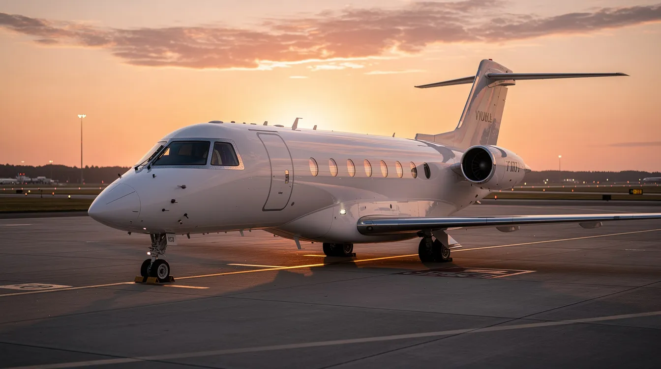 A private jet is parked on a quiet ramp, silhouetted against a vibrant sunset sky, showcasing the elegance of private aviation. The scene captures the tranquility of private jet travel, highlighting the allure of chartering a private jet for a luxurious experience.