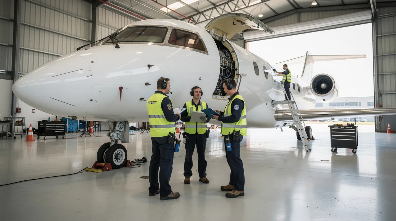 An aircraft maintenance team is diligently inspecting a business jet inside a hangar, ensuring the aircraft is ready for private jet travel. The team of aviation experts checks various components, highlighting the importance of maintenance in providing a safe and luxurious flying experience for clients.