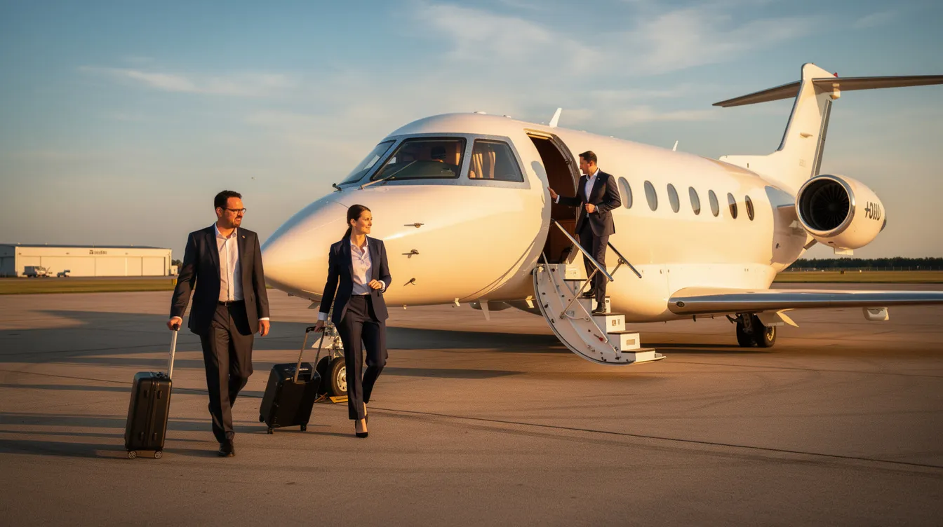 A group of executives is boarding a luxurious business jet at a private terminal on a clear afternoon, ready for their private travel journey. This scene highlights the convenience and elegance of private jet travel, showcasing the benefits of flying private for business and leisure trips.