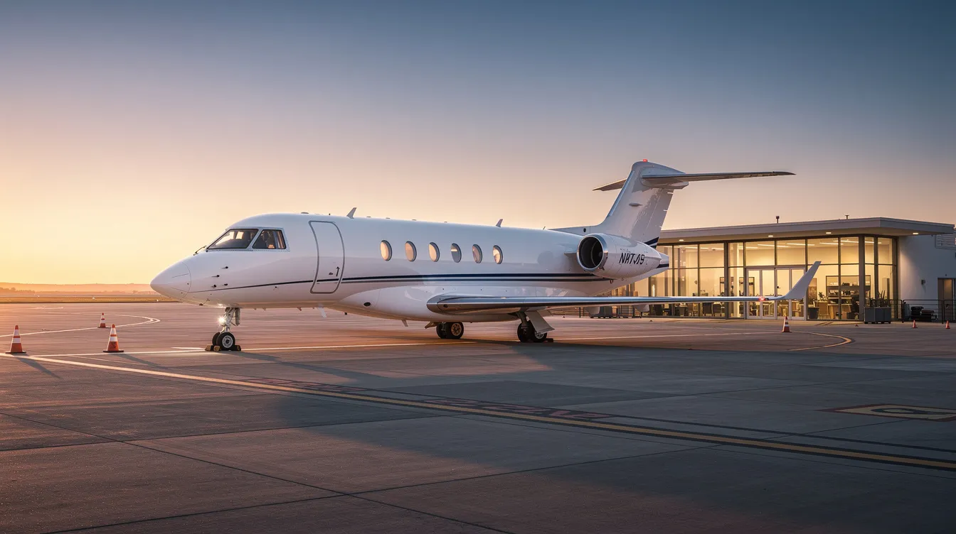 A sleek private jet is parked near a quiet terminal, bathed in the warm glow of sunrise, symbolizing the luxury and convenience of private aviation. This serene scene highlights the benefits of private jet travel, offering an exclusive gateway for clients seeking bespoke solutions for their journeys.