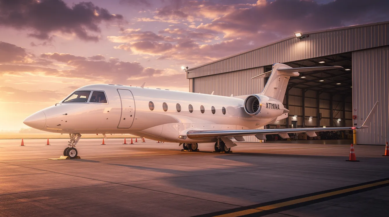 A sleek private jet is parked near a hangar, bathed in the warm hues of a sunset. This aircraft represents an ideal choice for those considering private jet purchase, offering a glimpse into the luxurious world of private flying.