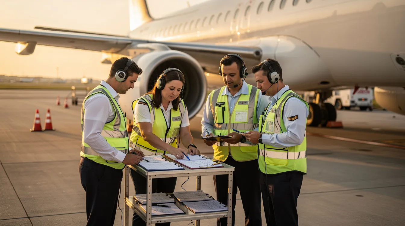 A group of aviation professionals is gathered beside a sleek private jet, reviewing important documents related to aircraft purchase and ownership. They discuss factors such as operating costs and travel needs, indicating their focus on providing clients with the best options in the market for private planes.