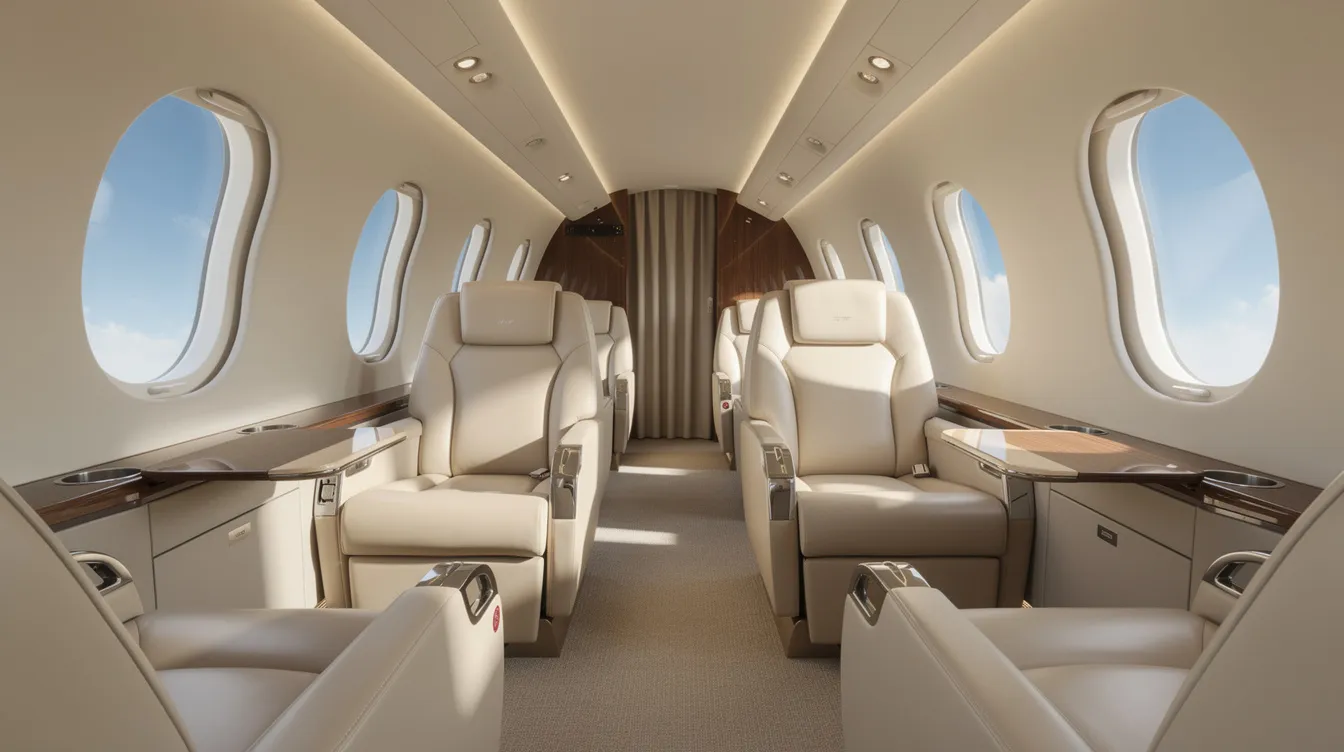 The image depicts the interior of a luxurious private jet cabin, showcasing plush seats arranged around large windows that provide ample natural light. This inviting space is designed for comfort and efficiency, catering to the travel needs of business travelers and private plane owners.
