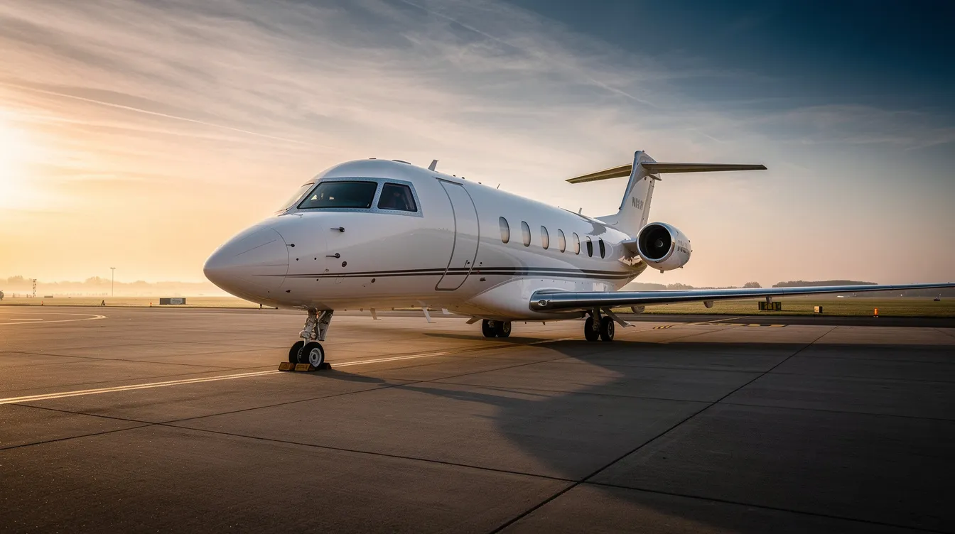 A large private jet, showcasing a sleek design and new paint, is parked on a quiet airport ramp during a stunning sunset, highlighting the luxury and comfort associated with private jets. This scene captures the elegance of private aircraft, perfect for business or personal travel, while emphasizing the serene atmosphere of the aviation industry.