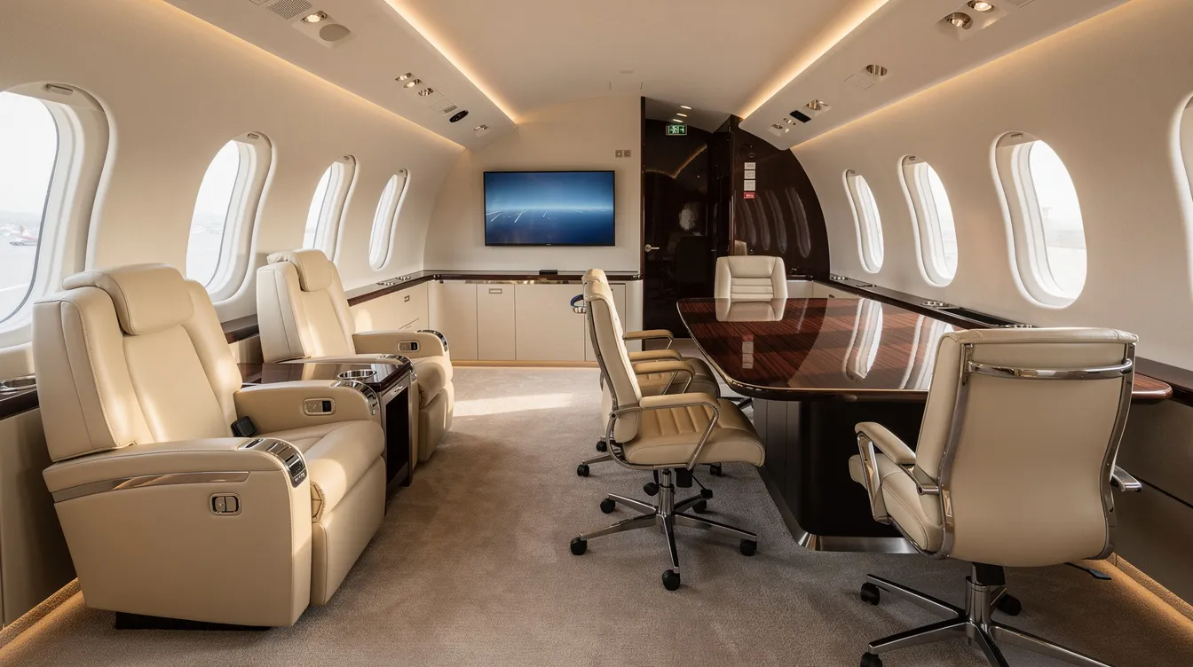 The image depicts the interior of a luxury private jet cabin featuring comfortable club seats alongside a conference seating area, designed for business travelers. This elegant space showcases the efficiency and comfort expected in high-end private jets, perfect for conducting meetings while flying.