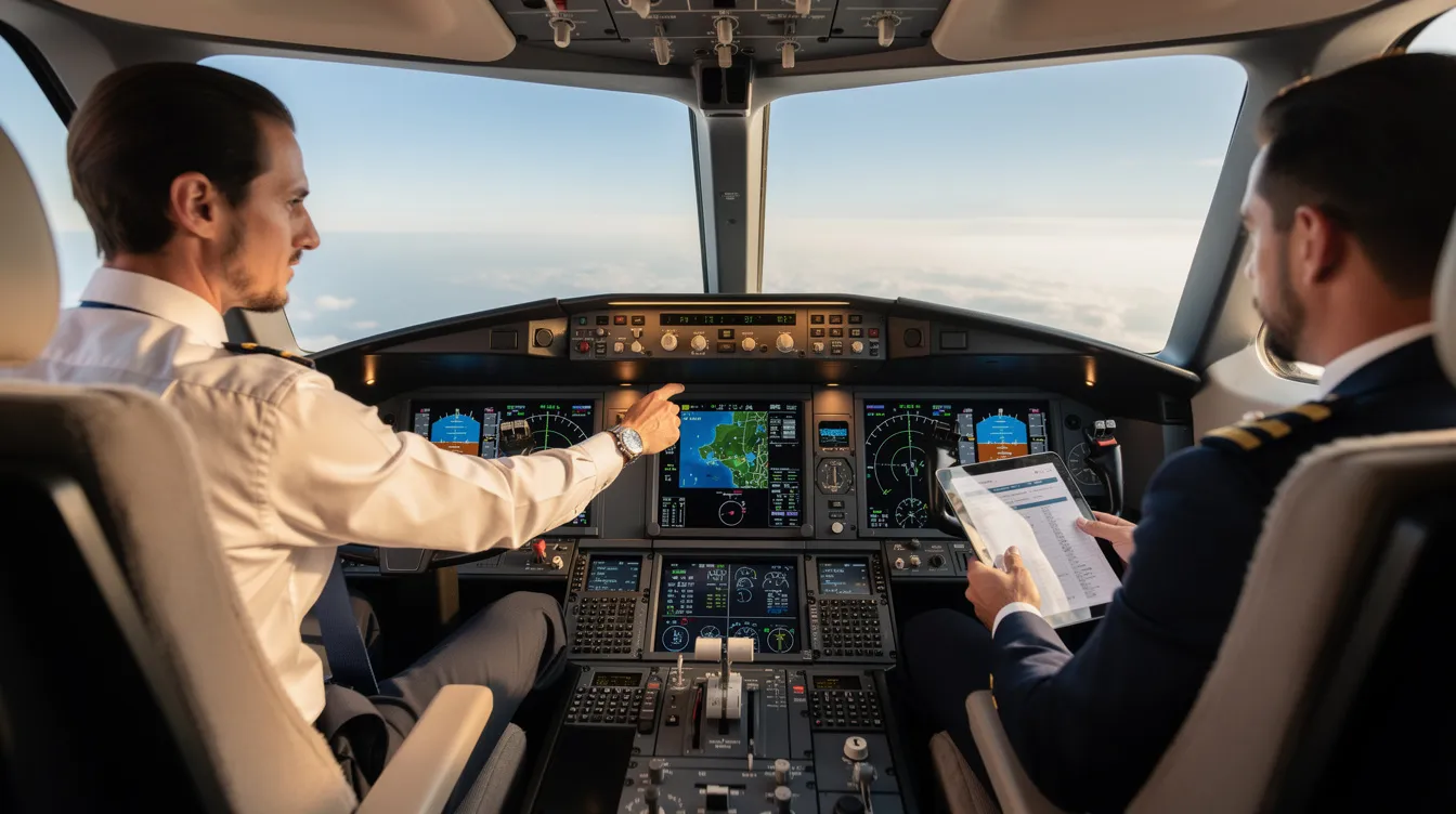 The image depicts a modern private jet cockpit where pilots are intently reviewing various instruments and electronic charts, showcasing the advanced technology and efficiency of luxury private jets. This setting emphasizes the expertise and professionalism required in the aviation industry for flying private aircraft.