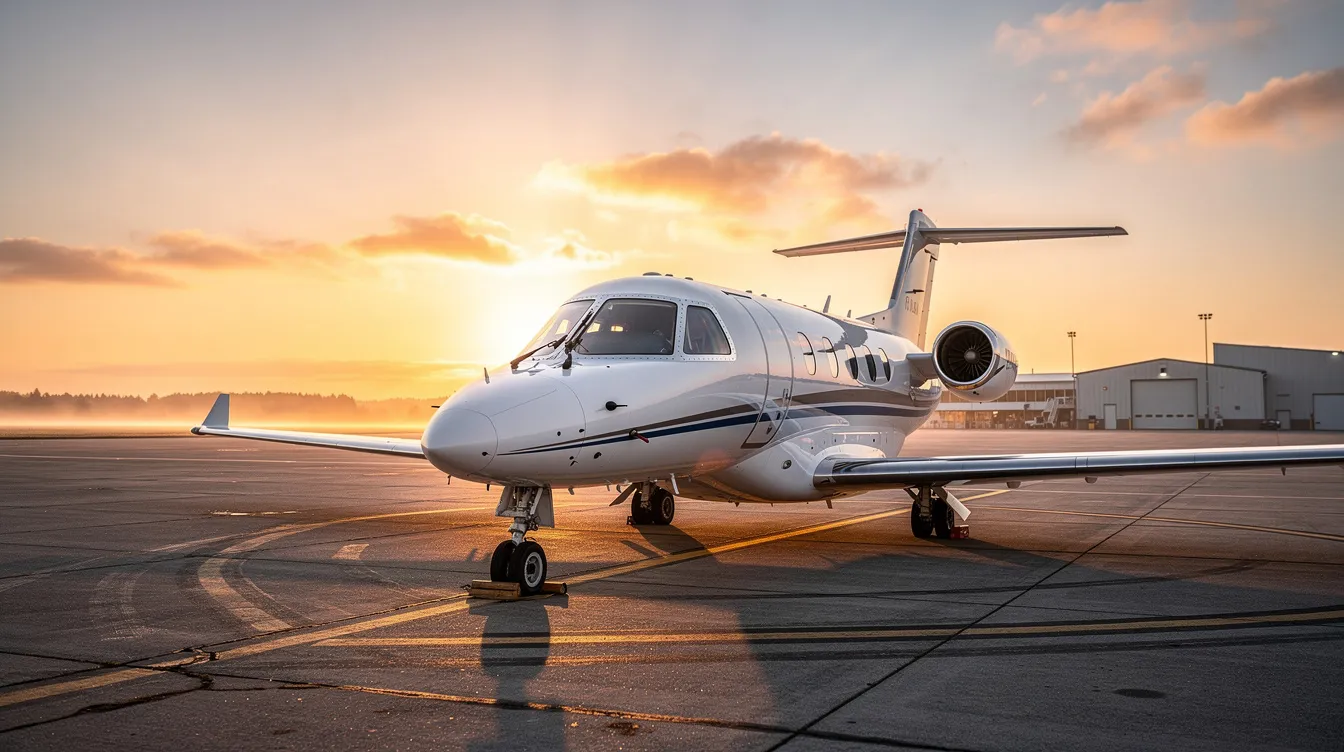 A small private jet, specifically a Cirrus Vision Jet, is parked on the ramp of a regional airport at sunrise, showcasing its sleek design and single-engine configuration. This modern light jet, ideal for up to six passengers, represents an affordable option in private aviation with low operating costs and advanced safety features.