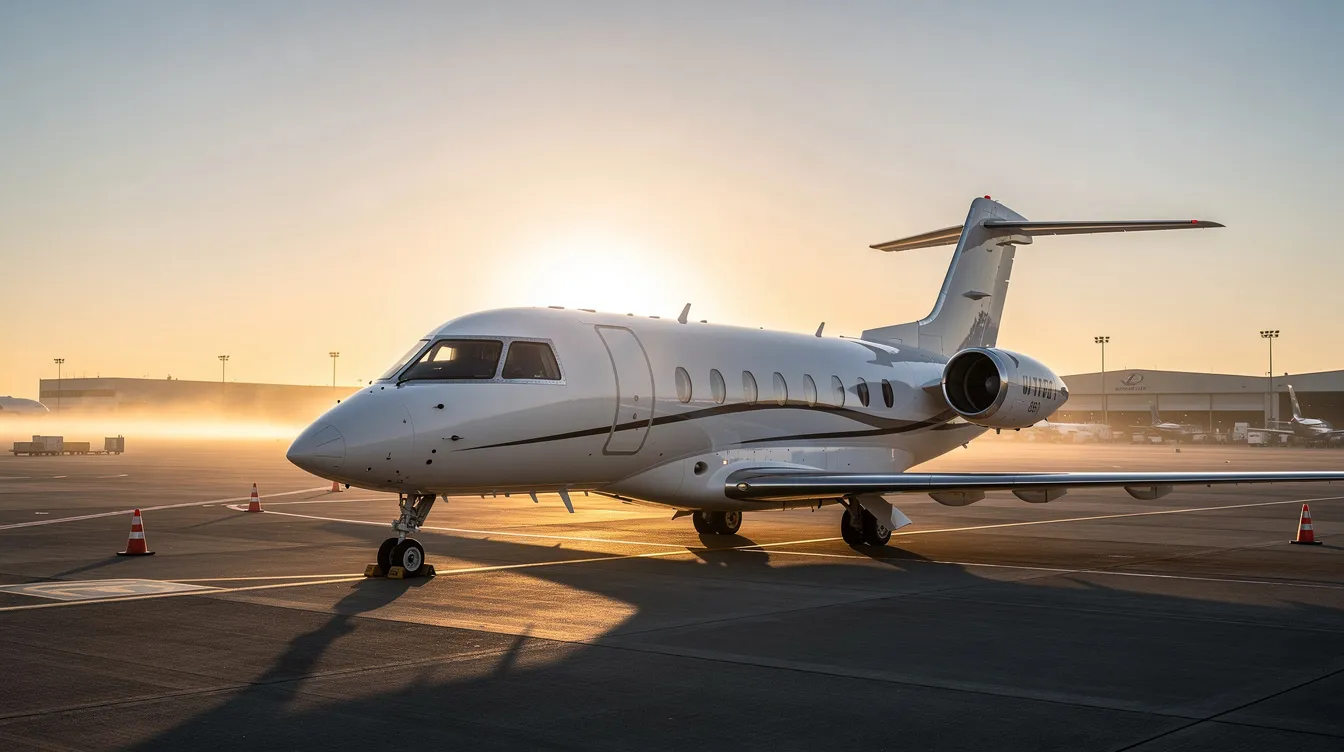A private jet is parked on an airport ramp, bathed in the warm glow of sunrise, showcasing the sleek design typical of private aviation. This scene highlights the luxurious aspect of private jet travel, often associated with charter flights and exclusive rental options.