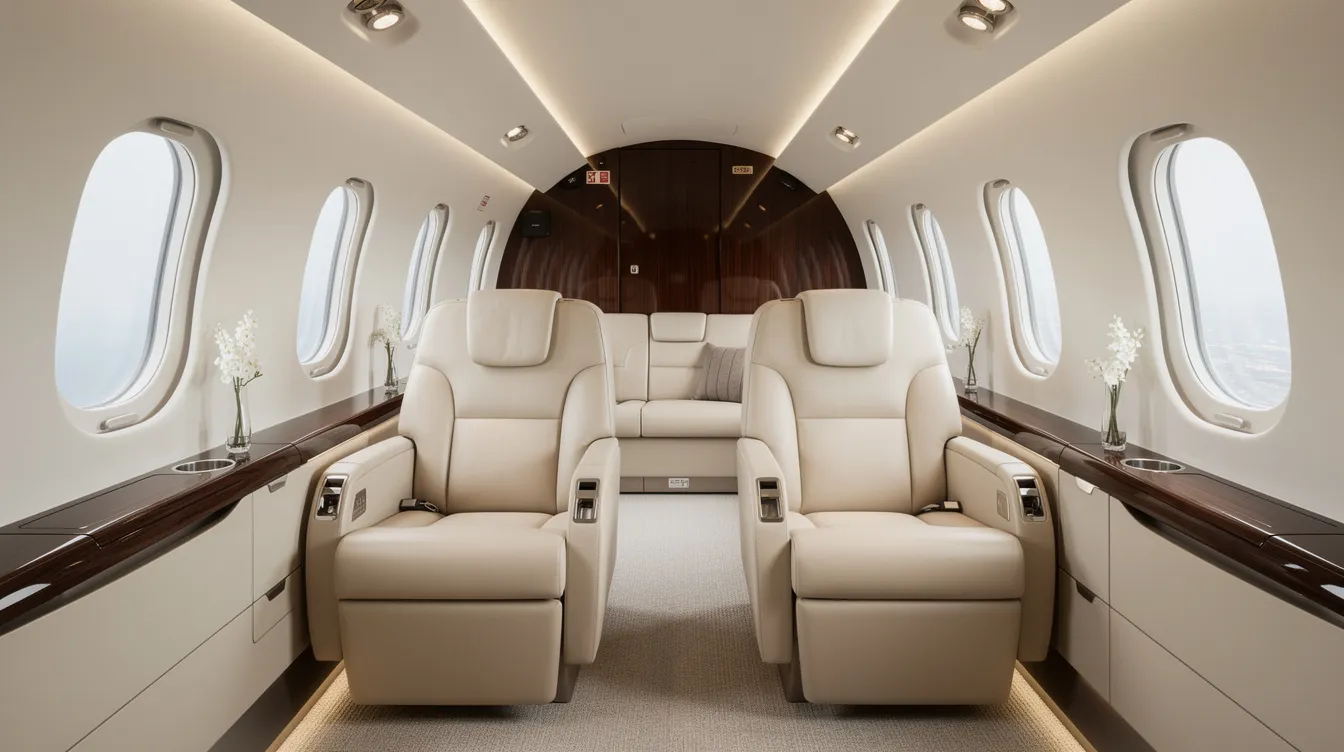The image depicts the interior of a luxurious business jet cabin, featuring plush executive seating and large windows that allow ample natural light. This spacious environment is designed for comfort and privacy, ideal for private jet travel and accommodating high-profile passengers.