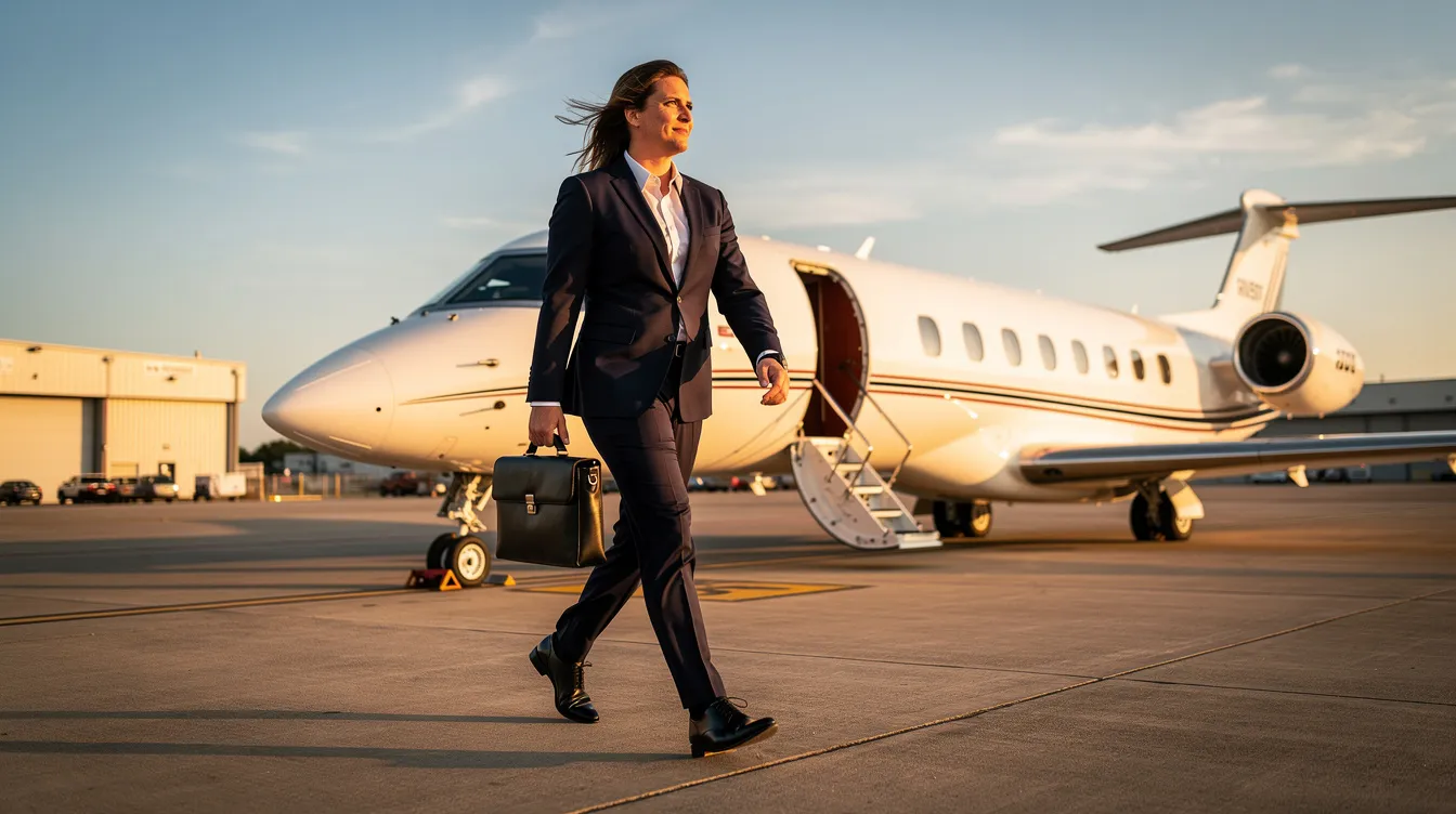 An executive in a tailored suit walks confidently toward a sleek private jet on the airport apron, symbolizing the luxury and efficiency of private aviation. The scene captures the essence of private jet travel, highlighting the convenience of chartering a private jet for business endeavors.