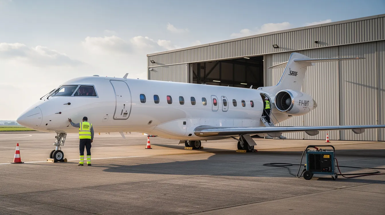 A sleek business jet is parked outside a hangar, with ground crew members nearby preparing for its next flight. This scene highlights the world of private aviation, showcasing the efficiency and luxury associated with private jet travel.