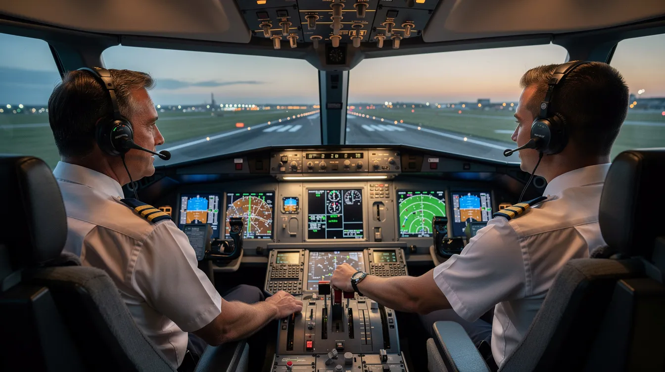The image shows two pilots in the cockpit of a modern business jet, preparing for departure on a runway. The cockpit is equipped with advanced technology and electronic charts, highlighting the efficiency and safety of private aviation.