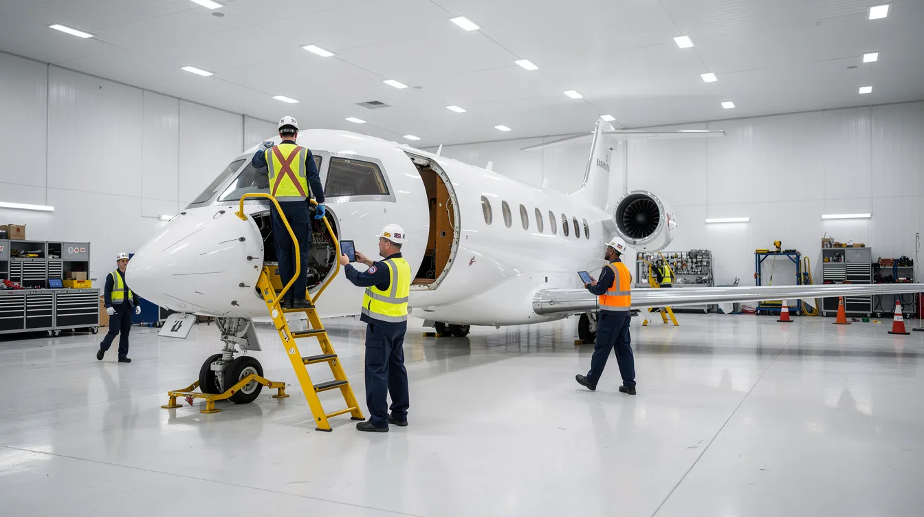 Inside a clean maintenance hangar, a business jet is being inspected by technicians, highlighting the meticulous care given to private aircraft. The scene emphasizes the importance of maintenance in business aviation, ensuring the aircraft is ready for efficient and safe flights.