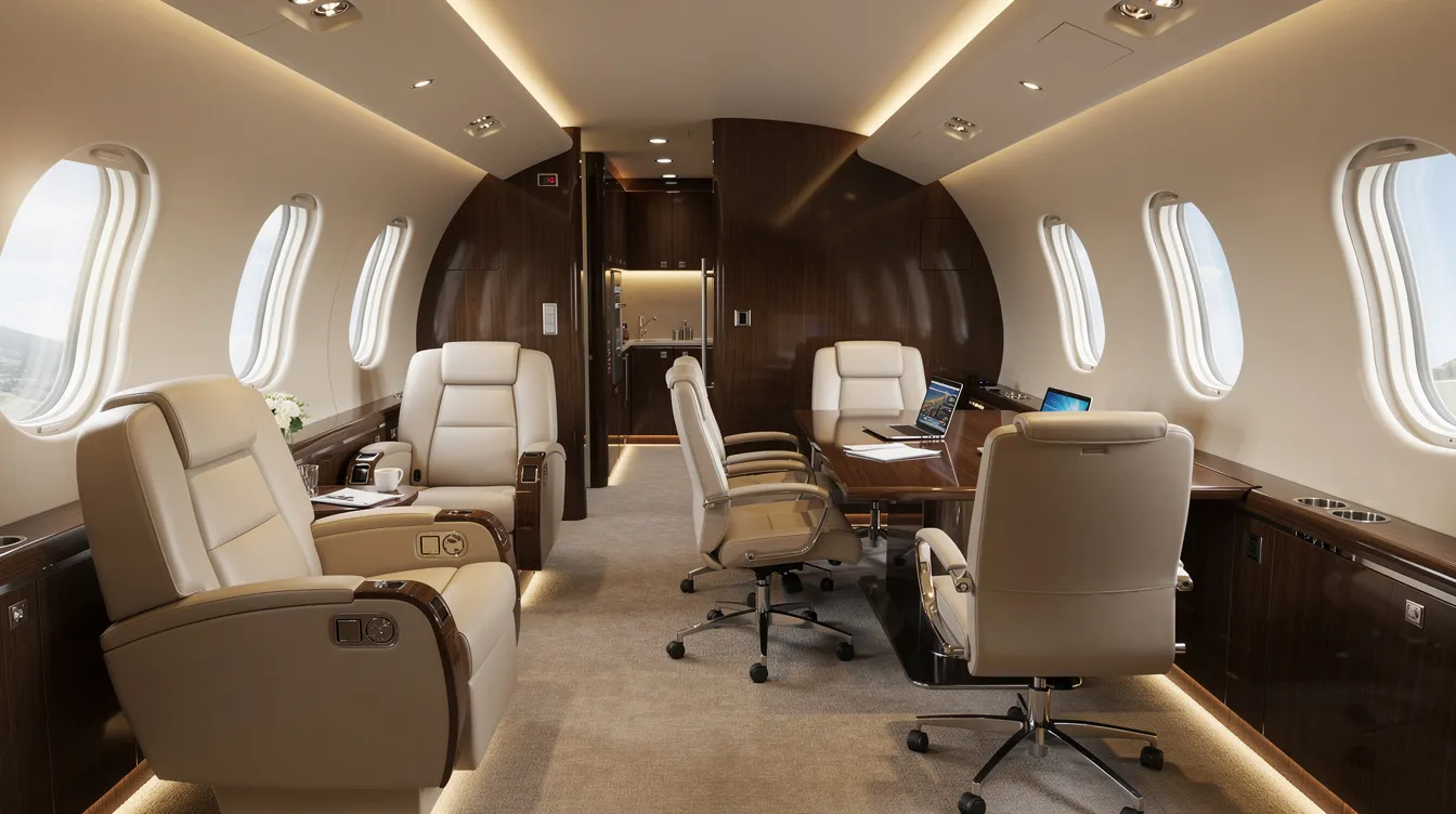 The image depicts a luxurious private jet cabin featuring comfortable club seats arranged around a sleek conference table, designed for business aviation and productivity during flights. The interior exudes elegance, providing an ideal space for passengers to relax or conduct meetings while traveling in style.