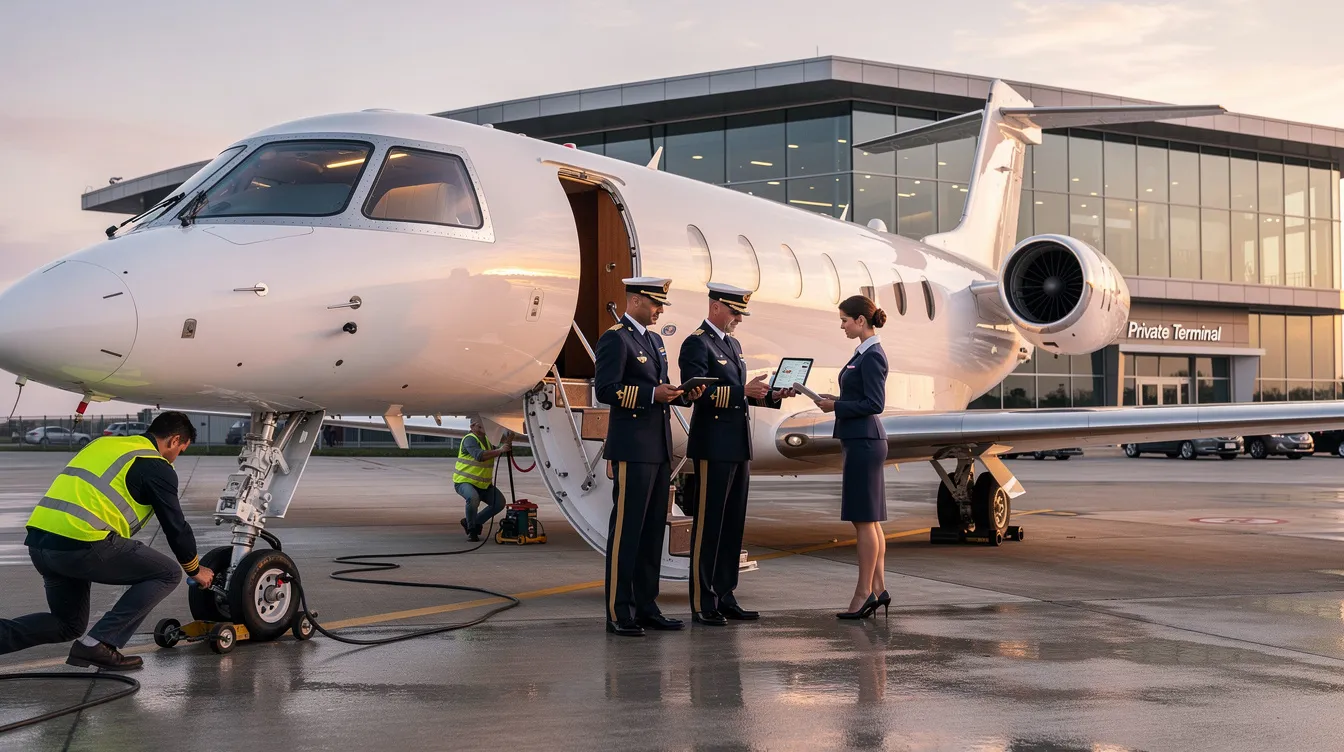 A business aviation crew is seen preparing a private jet near a private terminal, showcasing the meticulous coordination involved in private jet travel. The scene highlights the professionalism of the crew as they ready the aircraft for departure, emphasizing the luxury and efficiency of private jet charter services.