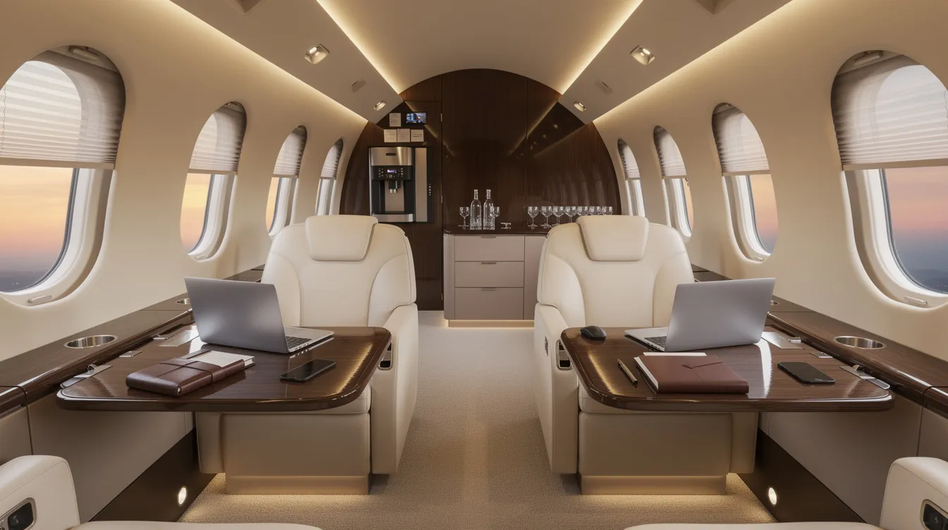 The image depicts the luxurious interior of a business jet cabin, elegantly arranged for a corporate trip, featuring plush seating, a polished table, and sophisticated lighting. This private jet offers a comfortable and stylish environment for travelers seeking premium private aviation experiences.