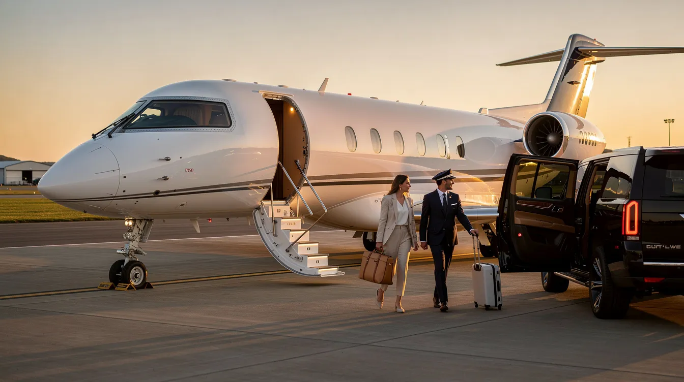 The image showcases a sleek midsize private jet, highlighting its luxurious cabin designed for passenger comfort and efficiency. This aircraft, possibly a Cessna Citation or a Dassault Falcon model, represents the exceptional range and performance capabilities of midsize jets available for sale, ideal for intercontinental flights.