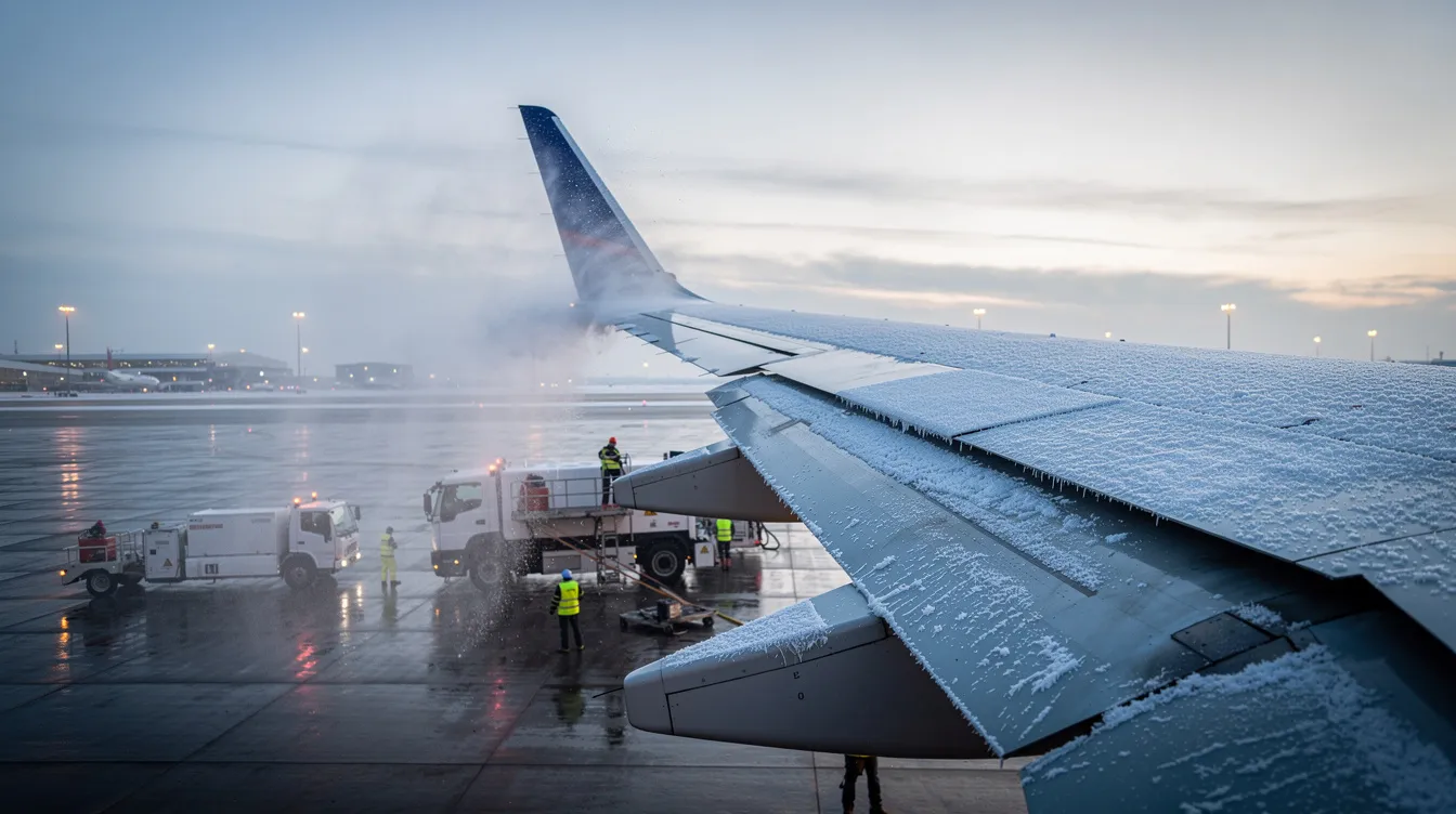 A close-up view of an aircraft wing being prepared on a cold airport ramp, highlighting the meticulous attention to detail required for private jet service. The scene conveys the importance of maintenance and readiness in the private aviation market, essential for ensuring safe and efficient private jet travel.