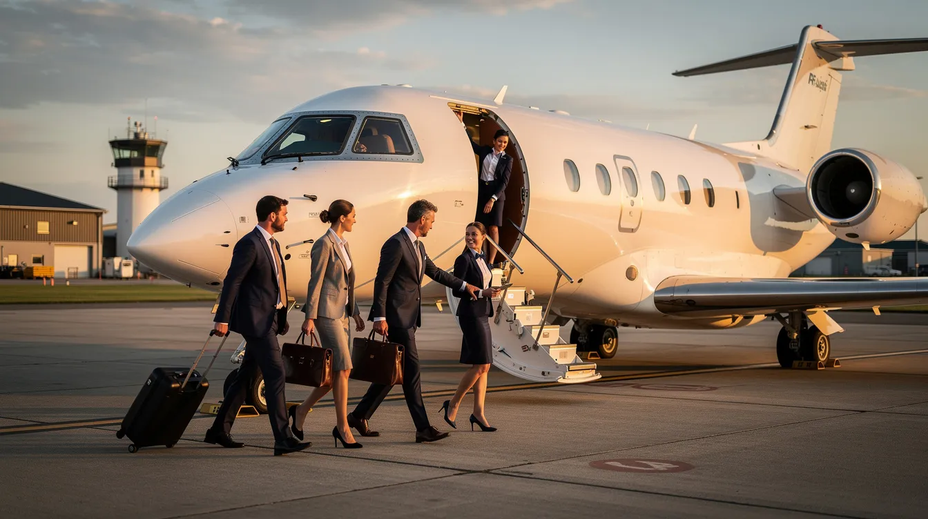 A group of executive passengers is seen boarding a sleek private jet at a regional airport, ready for their journey. The scene highlights the convenience of private aviation, showcasing the ease of accessing private jet rentals for business travel.