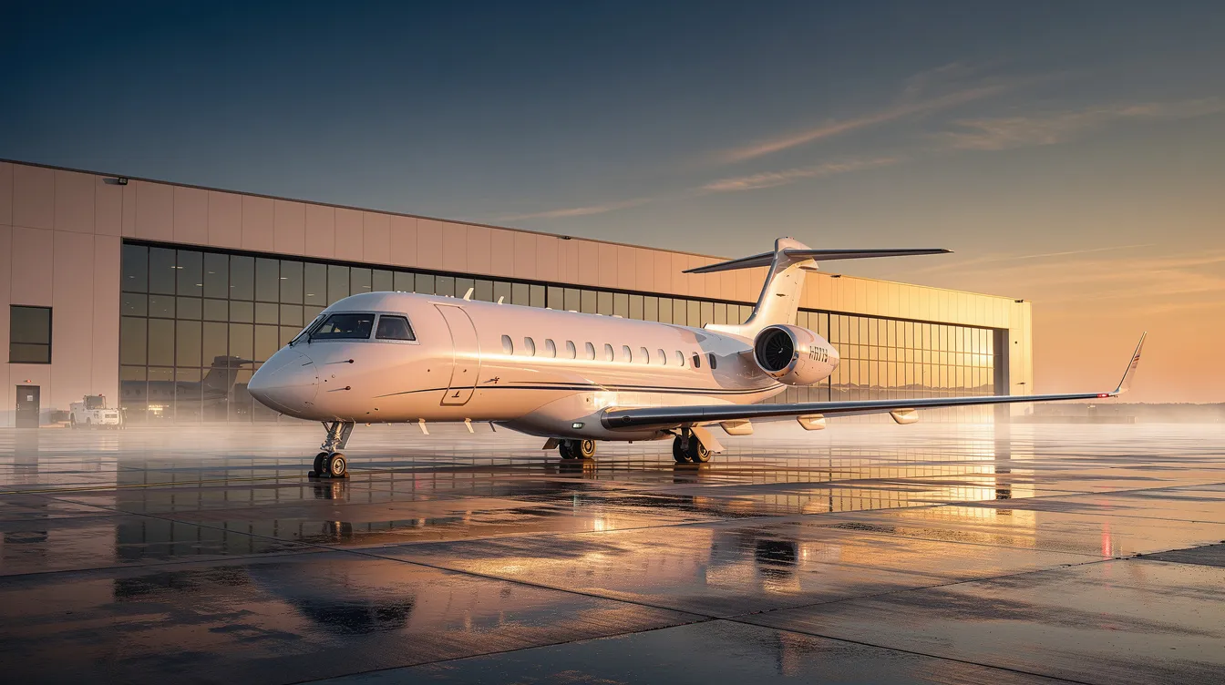 A sleek business jet is parked next to a modern hangar, bathed in the warm glow of sunrise, symbolizing luxury and efficiency in private aviation. This scene captures the essence of business travel, highlighting the convenience and comfort offered by light jets and large business jets.