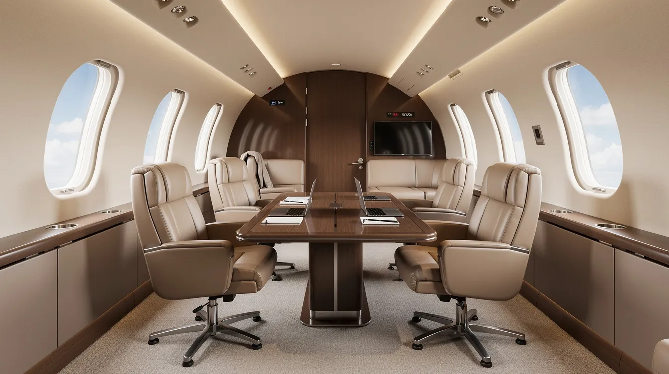 The image depicts a quiet business jet cabin featuring comfortable conference seating and large windows that offer a view of the sky, emphasizing passenger comfort and productivity in private aviation. This serene environment is ideal for business travelers looking to maximize their time during intercontinental flights.