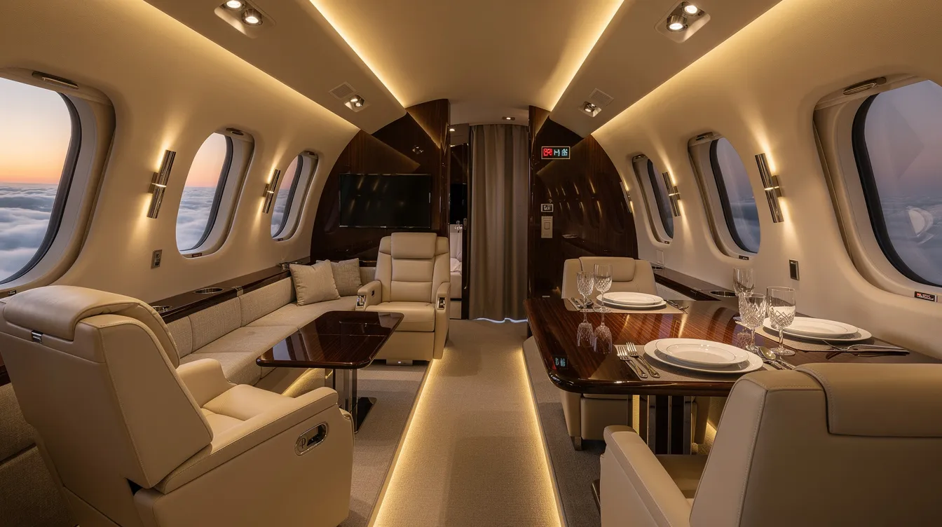 The image depicts a luxurious private aircraft cabin featuring spacious lounge seating, a dedicated dining area, and soft ambient lighting, creating an atmosphere of ultimate comfort and sophistication for discerning travelers. This opulent private jet interior exemplifies the elegance and personalized space offered in luxury private jet travel.