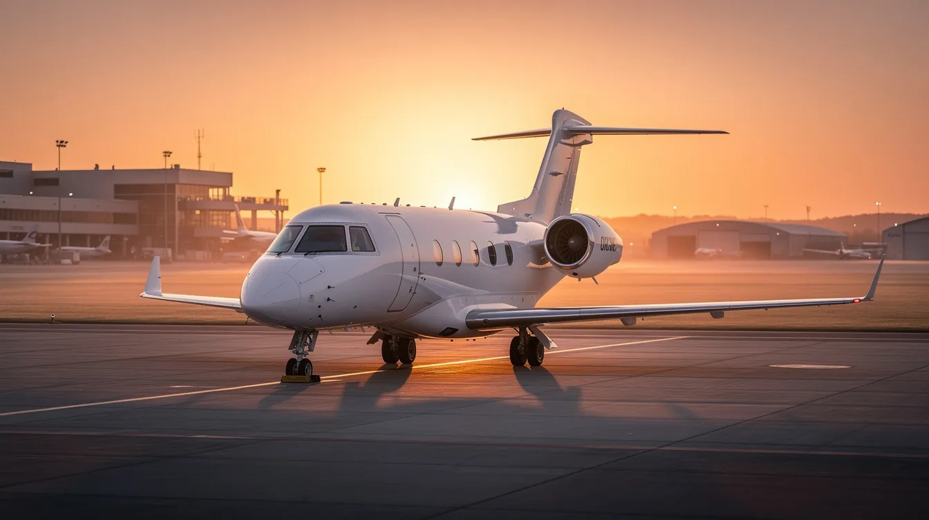 A private jet is parked on a quiet airport ramp, bathed in the warm light of sunrise, showcasing its sleek design and spacious cabin. This luxury private aircraft represents the essence of private aviation, perfect for those considering private jet ownership or looking for jets for sale.