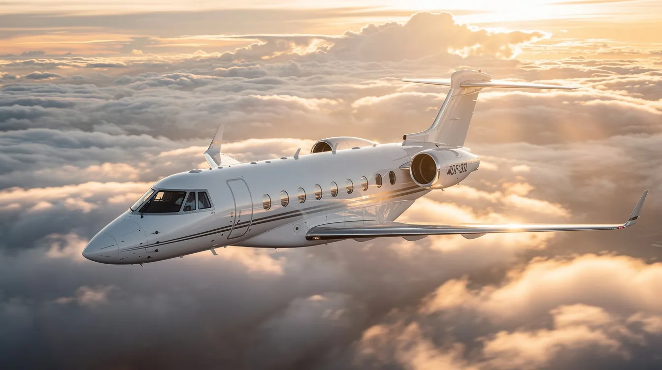 The image depicts a sleek and luxurious private jet parked on a tarmac, showcasing its spacious cabin and modern design, ideal for private aviation enthusiasts. This private aircraft represents an attractive option for those considering private jet ownership or exploring jets for sale.